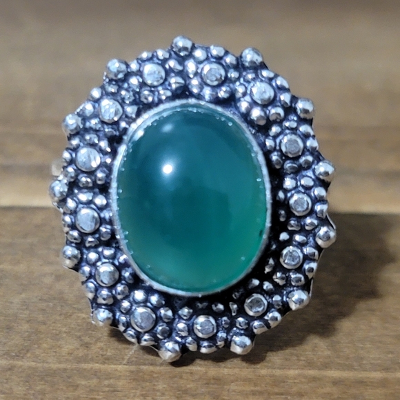 Vintage Jewelry - Native Green Onyx Gemstone Ring Size 6.5 925 Silver Jewelry Bohemian Western Nwt